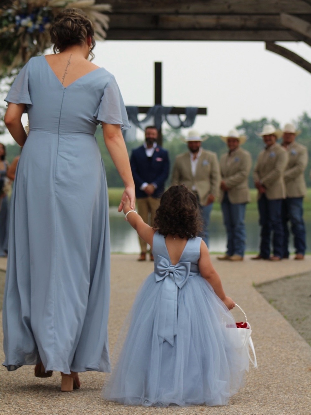 Girls Size 4 Dusty Blue Tulle Flower Girl Formal Dress Bow Wedding - Picture 4 of 4